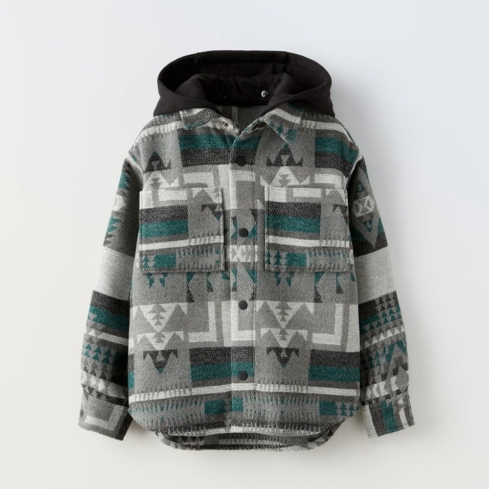 NEW- Zara Printed Hooded Overshirt Jacket Black and green  Size 11/12 years boys